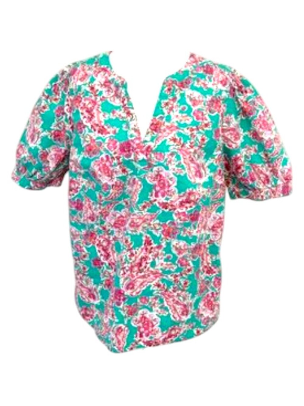 J. Crew Women's Floral Paisley Puff Sleeve V-Neck Top XXS Pink Multicolor